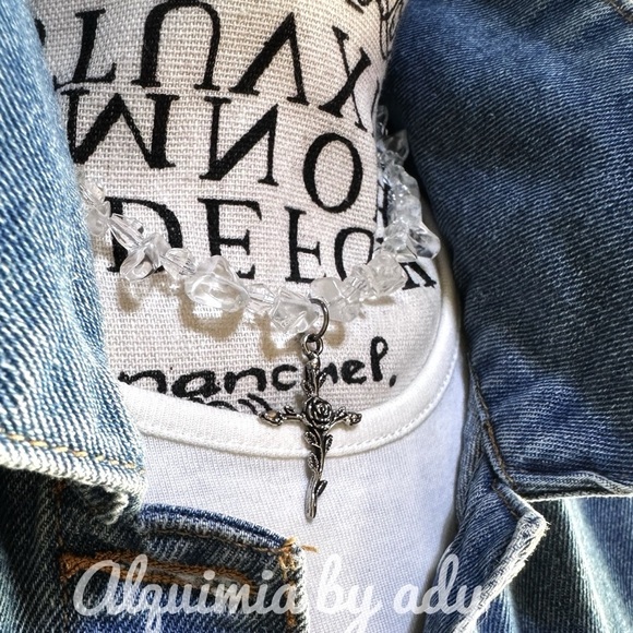 Crystal clear quartz Bead Rosary Necklace with Cross Pendant